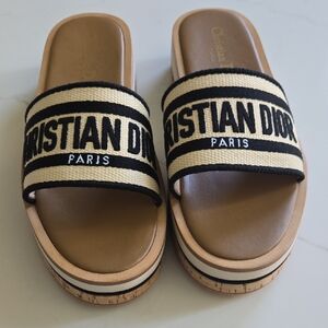 Dior Beige and Black Logo Slide Sandals